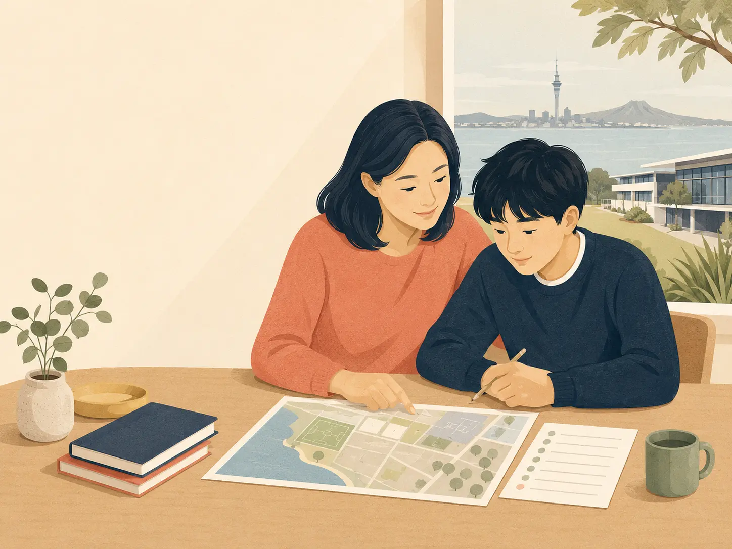 부모와 학생이 함께 뉴질랜드 학교 계획을 살펴보는 일러스트