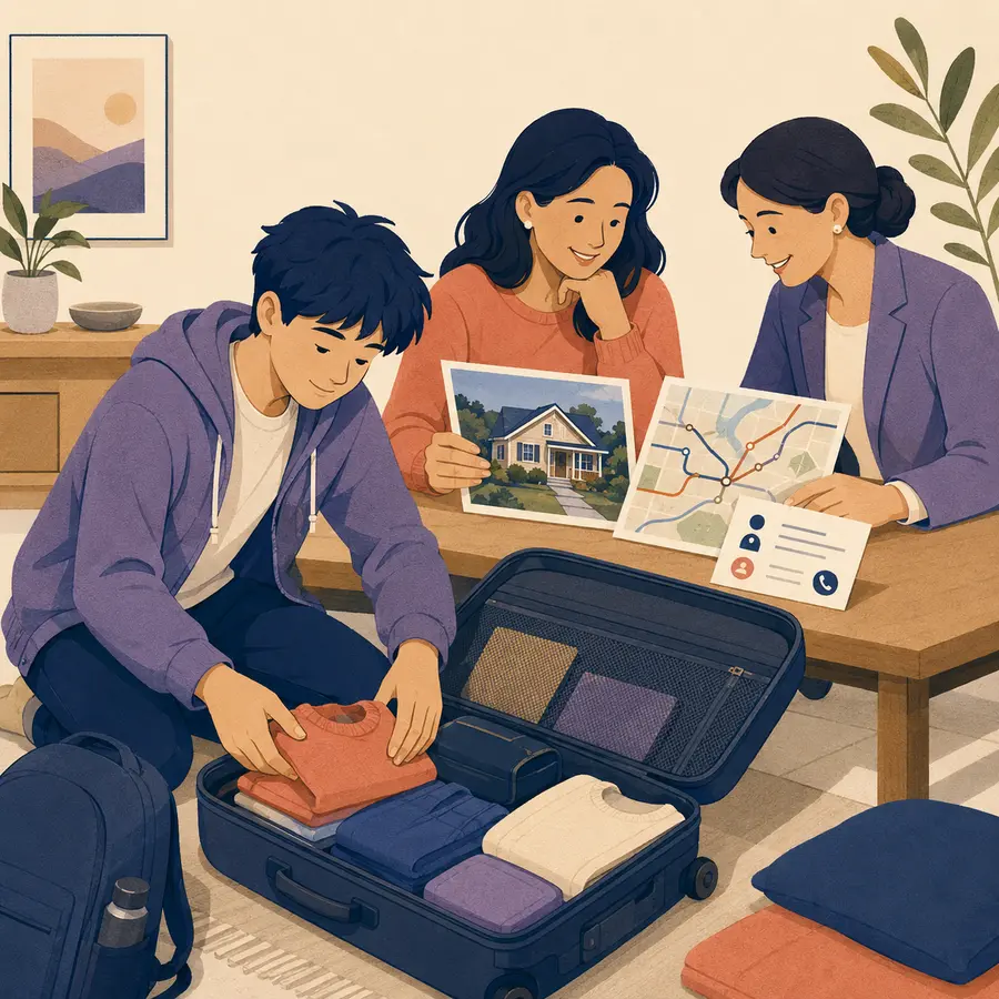 숙소·출국 준비 단계를 설명하는 일러스트